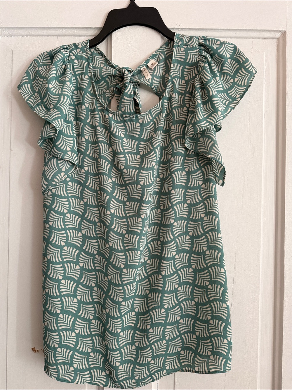 Cato Teal and White Geometric Tie-Neck Ruffle Blouse
